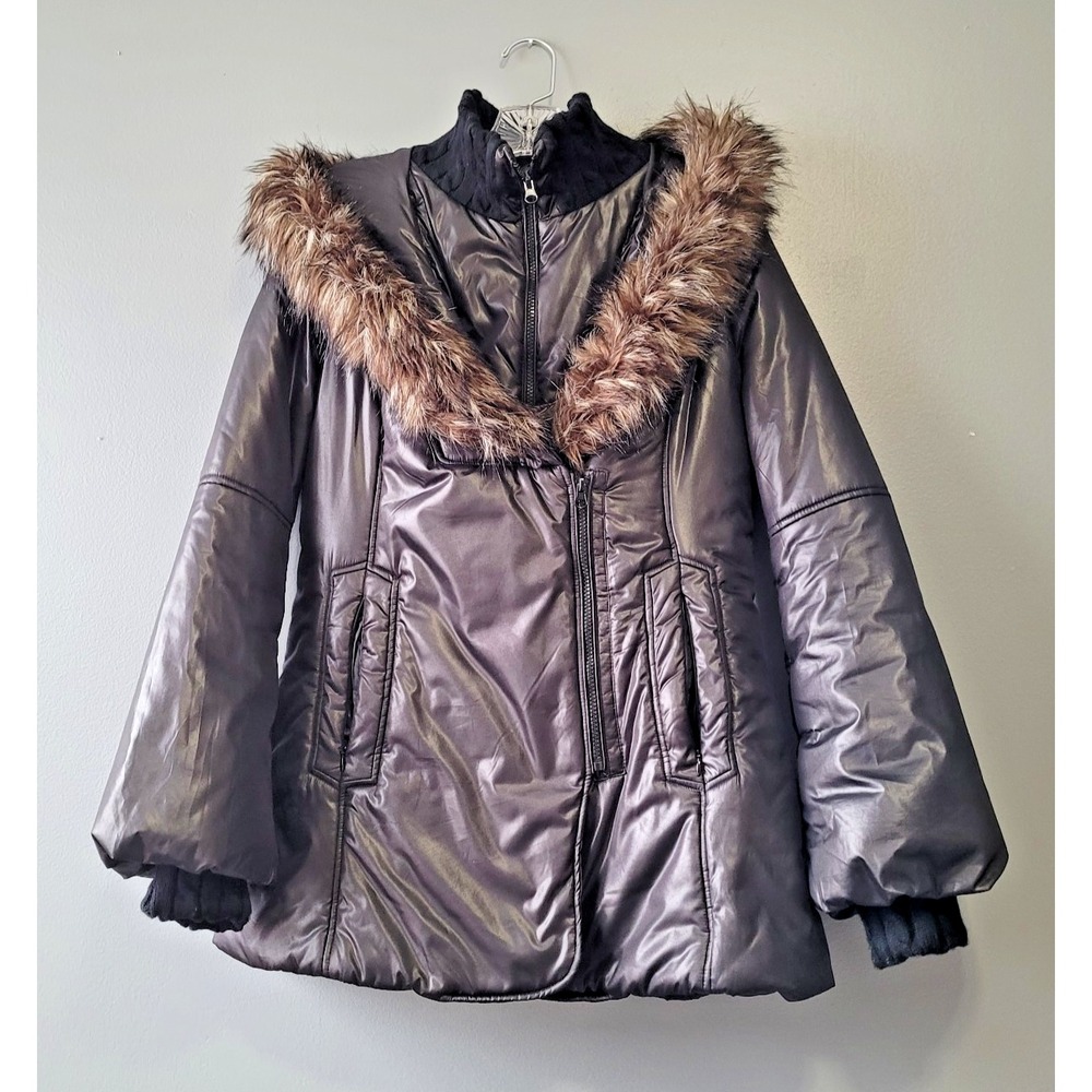 Allabee Women's Medium Black Puffer Winter Coat Faux Fur Trim‎ Hooded Jacket
